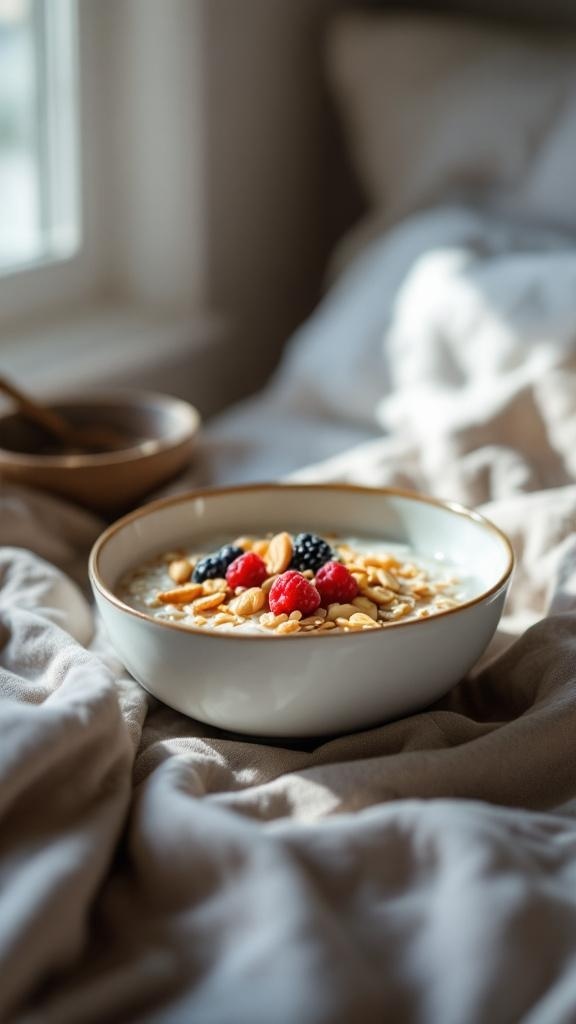 A bowl of oatmeal topped with berries and almonds, placed on a bed with soft blankets.