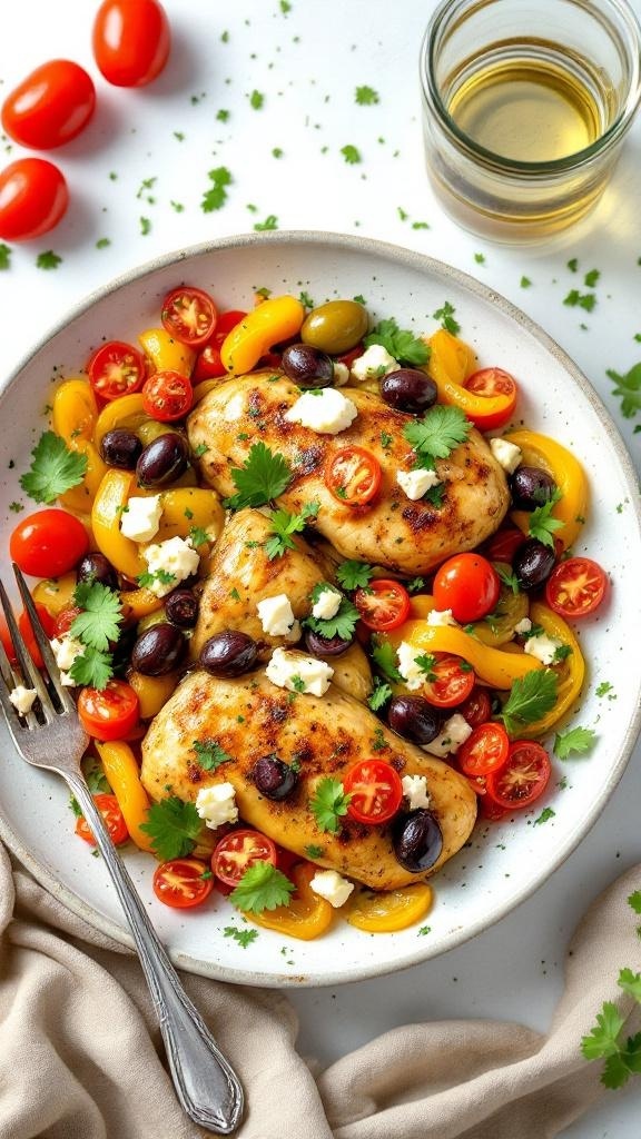 One-Pan Mediterranean Chicken with olives, feta, and colorful vegetables