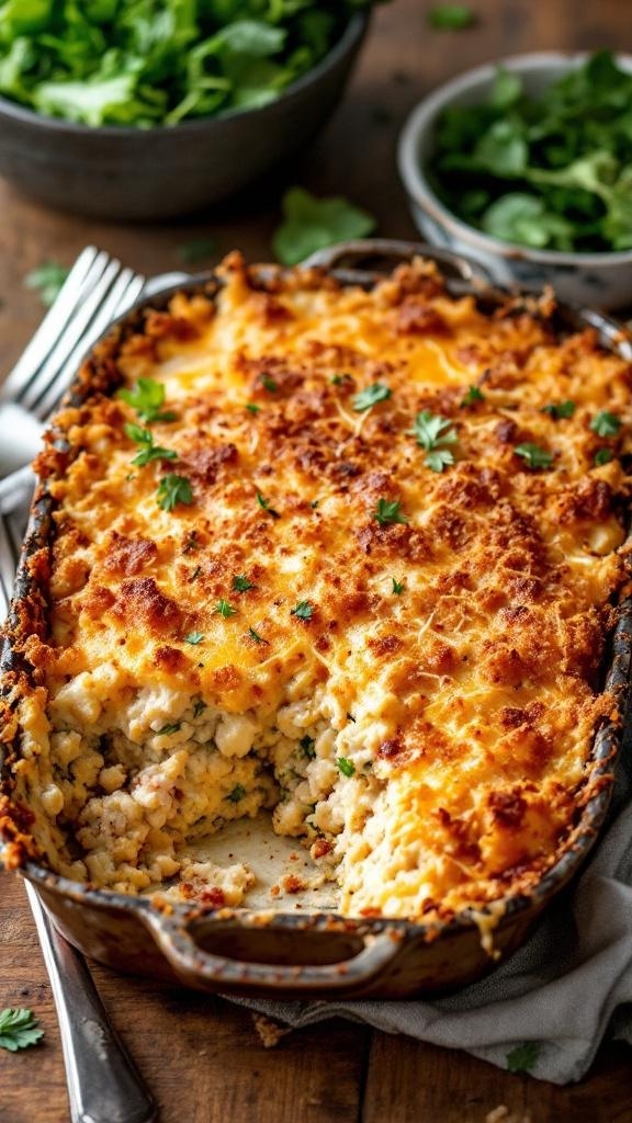 A delicious one-pan tuna casserole topped with golden breadcrumbs and fresh herbs, served with a side of greens.