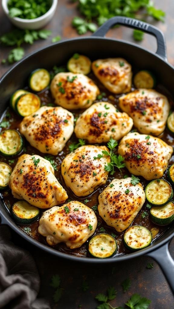 One-Pan Zucchini and Chicken Bake with chicken thighs and zucchini slices