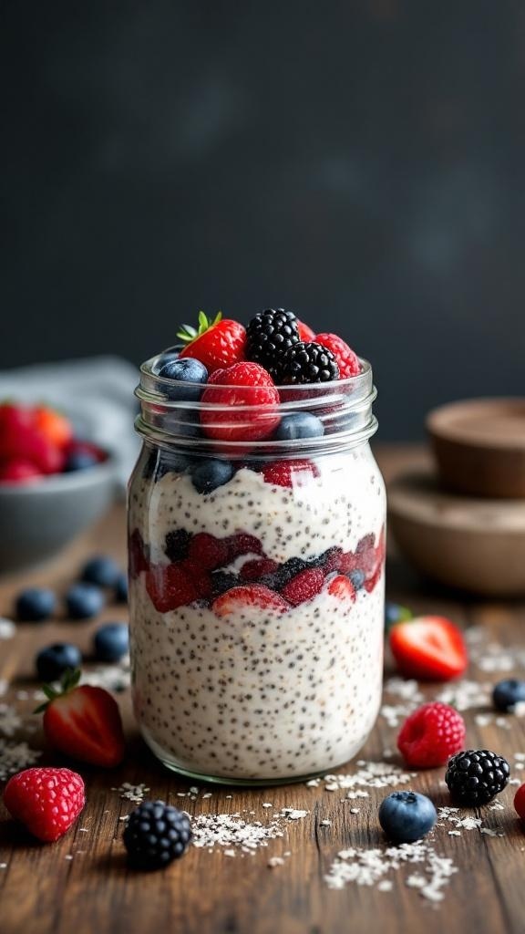 A jar of overnight oats layered with chia seeds and fresh berries, sitting on a wooden table.