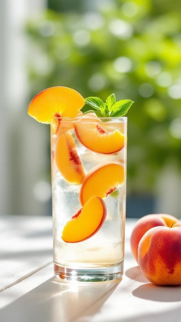 A refreshing glass of detox water with peach slices and mint leaves
