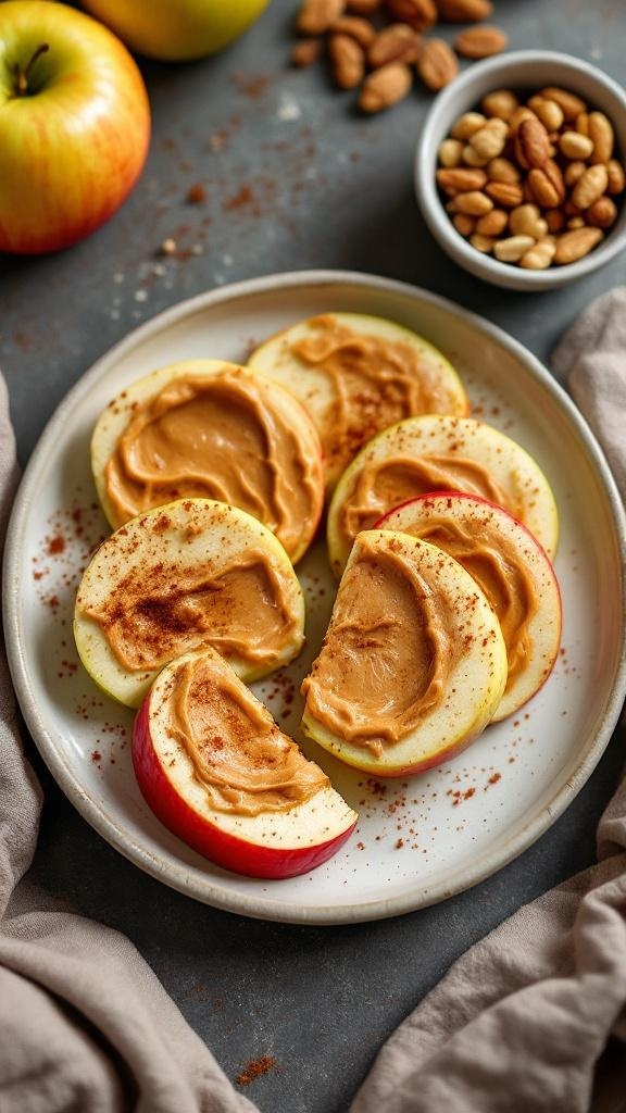 Sliced apples with peanut butter on a plate, sprinkled with cinnamon.