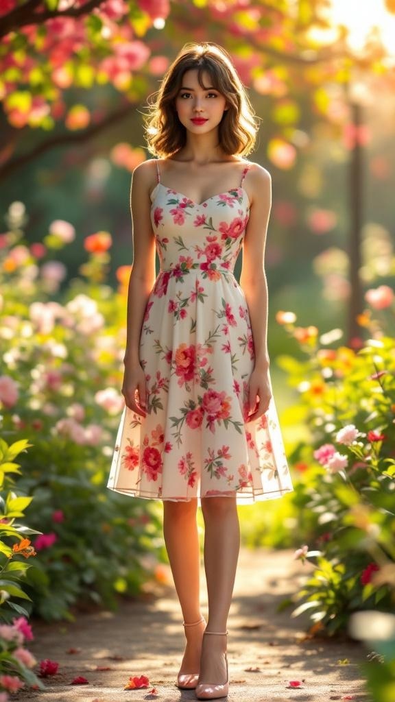 A woman wearing a floral dress and kitten heels in a garden filled with flowers.