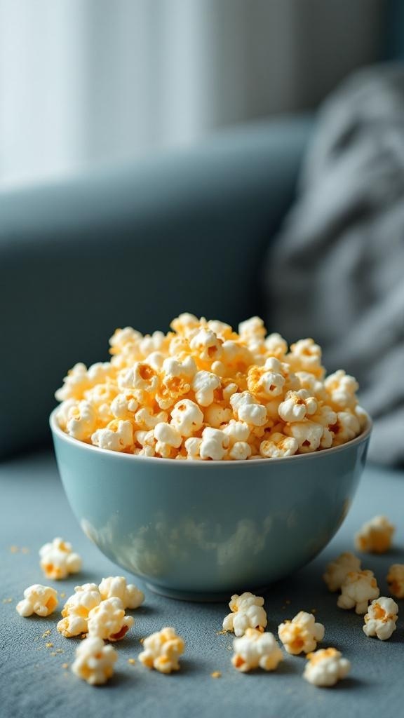 A bowl of popcorn sprinkled with nutritional yeast, with some popcorn scattered around.