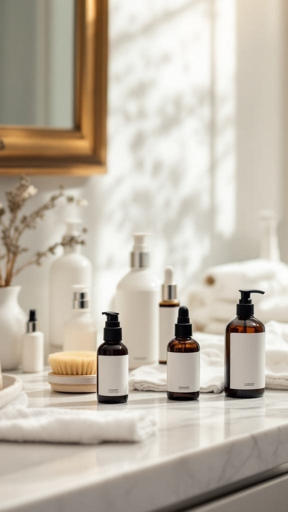 A collection of skincare products on a marble countertop, including bottles and a dry brush, ideal for post-brushing skin care.