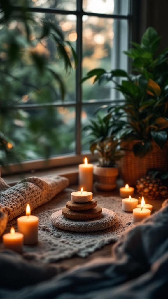 A cozy setup with candles, plants, and soft textures creating a calming atmosphere.