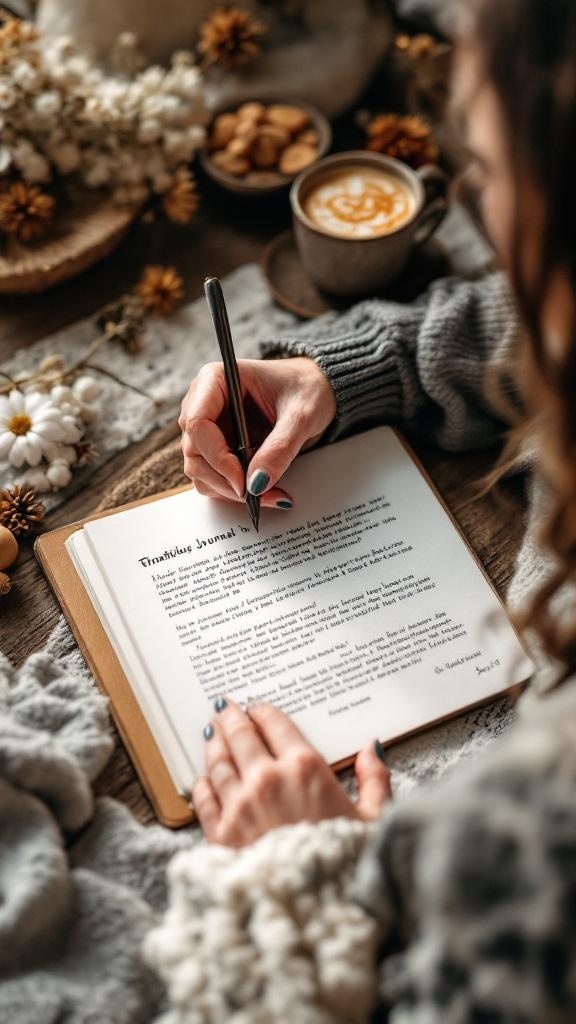 A woman writing in a gratitude journal with a cup of coffee and flowers around her.
