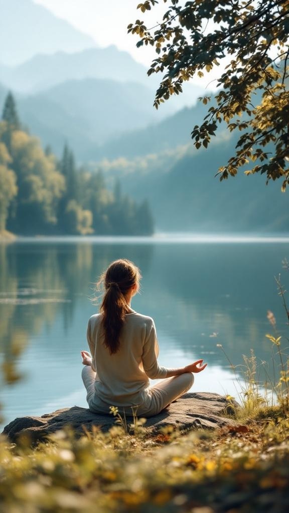 A person meditating by a calm lake surrounded by mountains and trees.