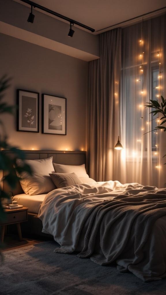 A cozy bedroom with soft lighting, a neatly made bed, and decorative elements that create a calming atmosphere.