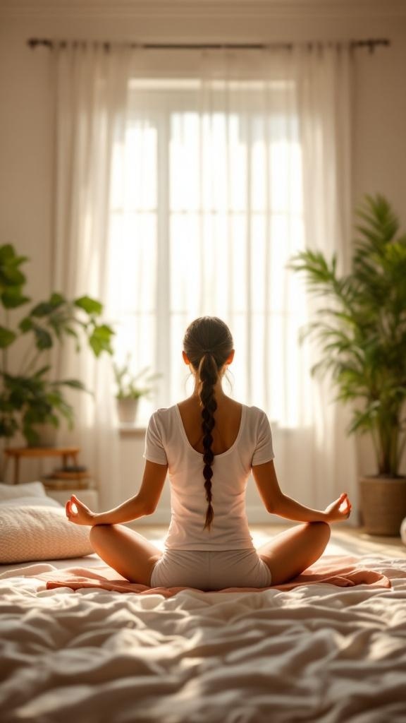 A woman meditating in a bright room with plants, emphasizing the importance of rest and recovery.