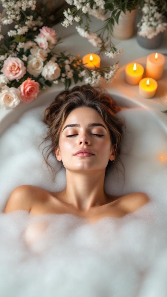 A woman relaxing in a bubble bath surrounded by flowers and candles.