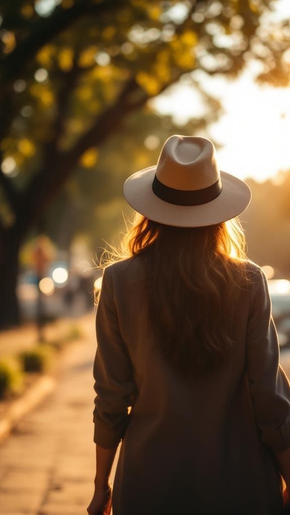 A woman with long hair wearing a hat, walking in a sunlit environment.