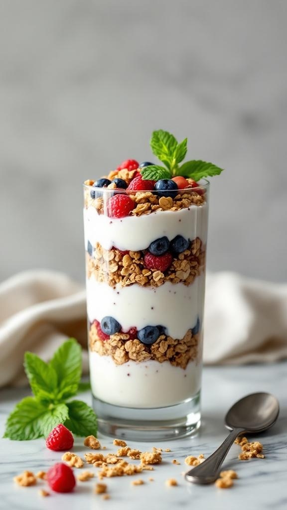 A delicious Greek yogurt parfait with layers of yogurt, berries, and granola.