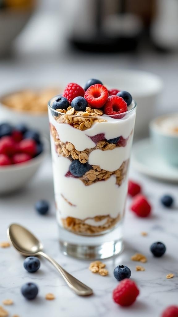 A protein-packed Greek yogurt parfait with layers of yogurt, berries, and granola.