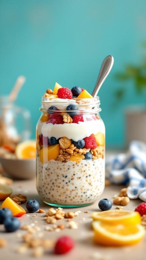 A jar of overnight oats layered with yogurt, fruits, and granola.