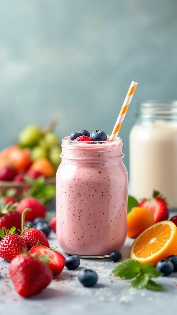 A vibrant protein-packed smoothie in a jar, surrounded by fresh strawberries, blueberries, and an orange slice.