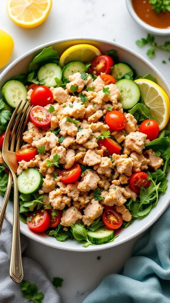 A colorful bowl of protein-packed tuna salad with greens, cherry tomatoes, and cucumber slices.