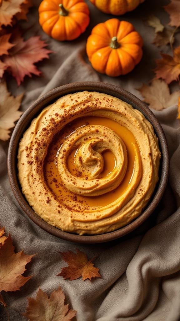 A bowl of pumpkin hummus garnished with spices, surrounded by small pumpkins and autumn leaves.