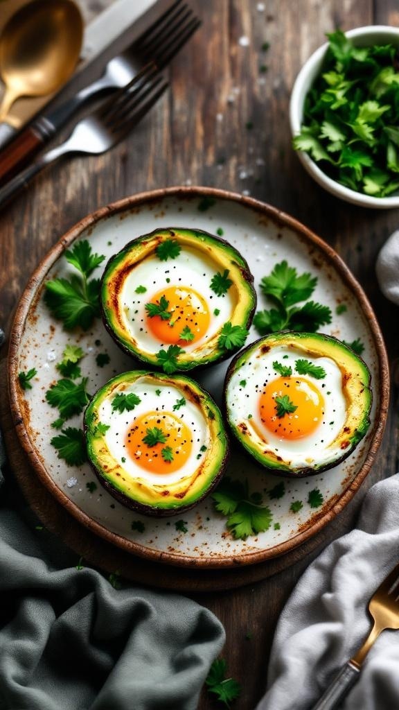 Avocado egg cups with eggs baked in avocado halves, garnished with cilantro on a plate.
