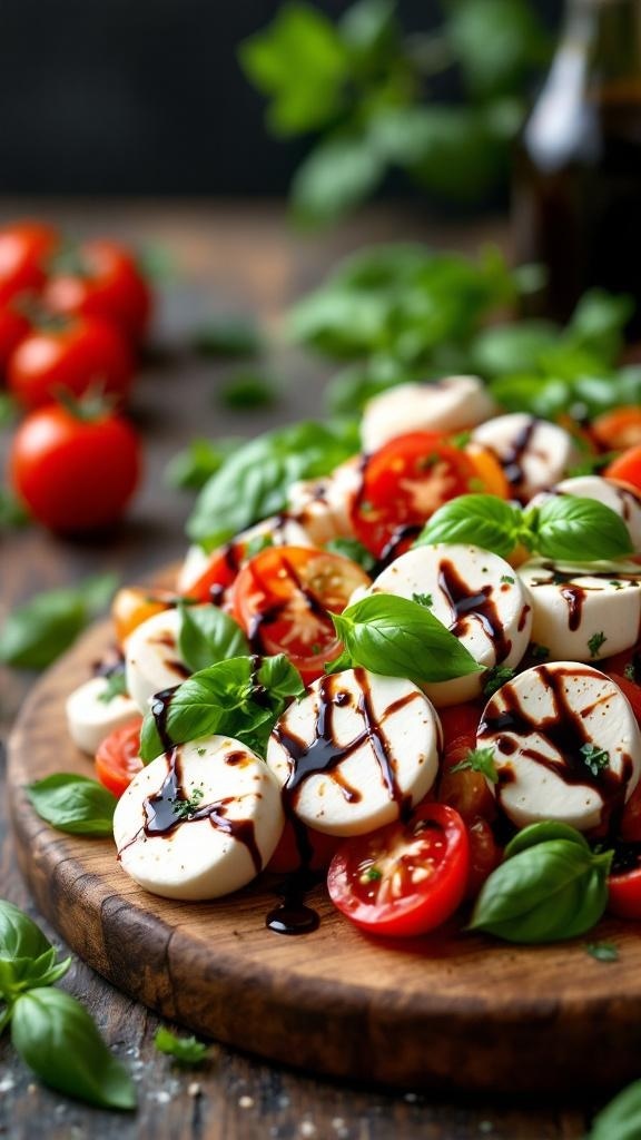 A plate of Caprese salad with tomatoes, mozzarella, basil, and balsamic glaze.