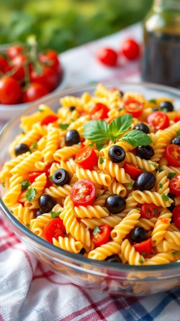 A colorful bowl of savory pasta salad with cherry tomatoes, black olives, and fresh basil.