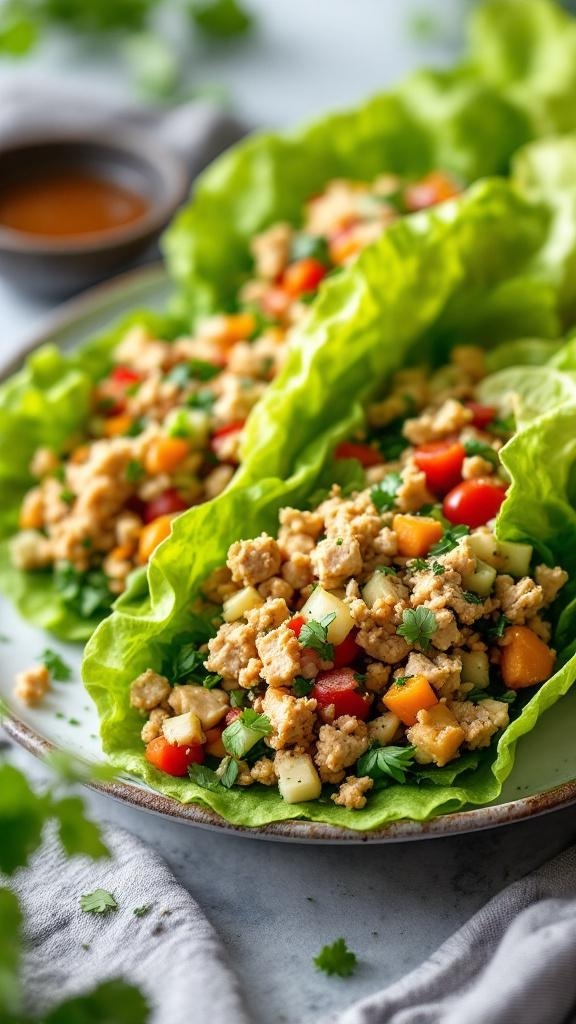 Turkey lettuce wraps filled with ground turkey and colorful vegetables