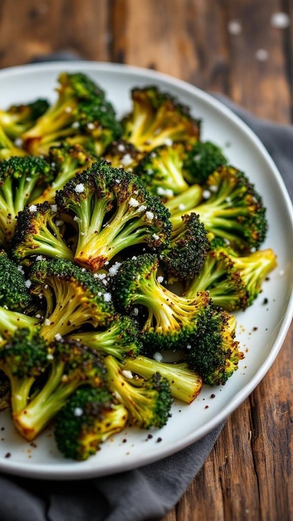 A plate of garlic roasted broccoli florets, perfectly charred and seasoned.