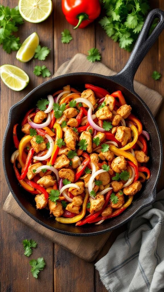 A skillet filled with colorful chicken fajitas, featuring sliced bell peppers, onions, and garnished with cilantro.