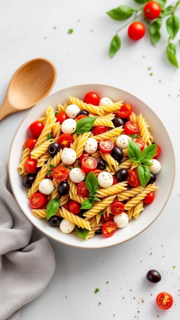 A bowl of pasta salad with rotini, cherry tomatoes, mozzarella balls, and basil.
