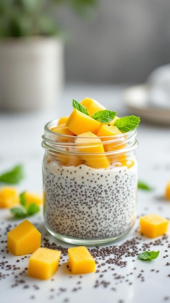 Chia seed pudding in a jar topped with mango and mint leaves