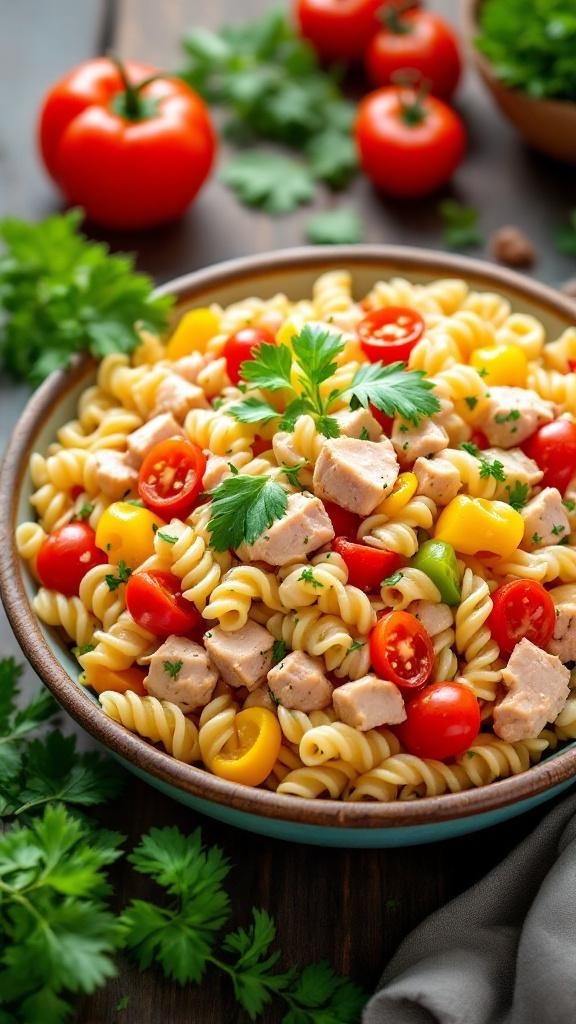 A colorful bowl of tuna pasta salad with cherry tomatoes, bell peppers, and fresh parsley.