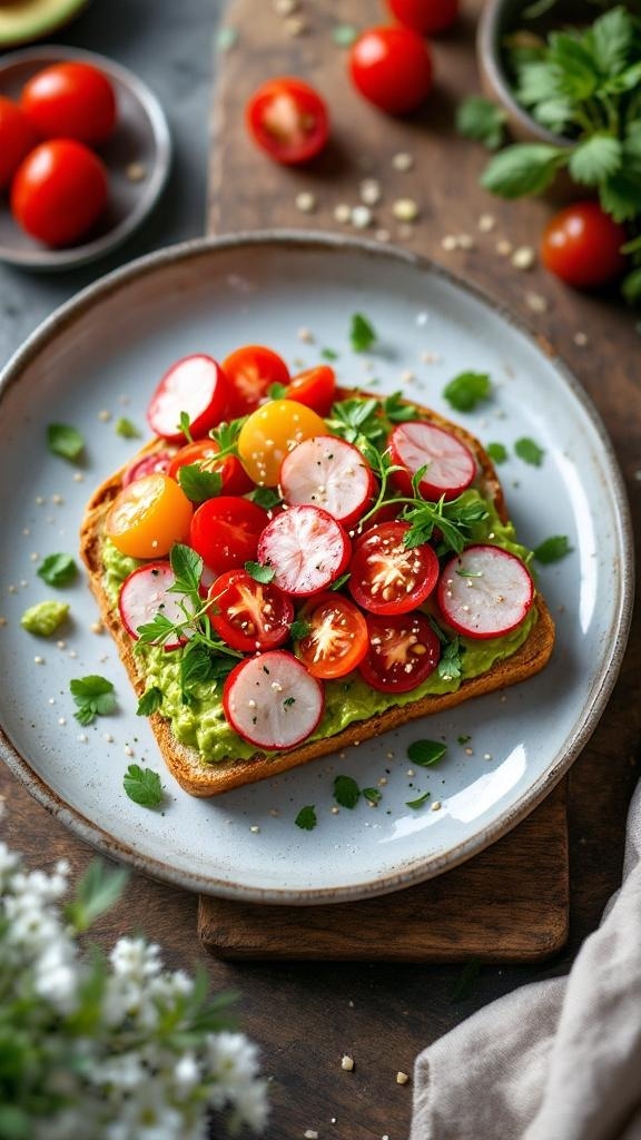 A plate of avocado toast topped with cherry tomatoes and radishes, garnished with fresh herbs.
