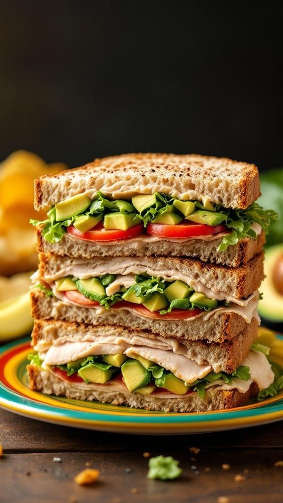 A delicious turkey and avocado sandwich stacked high with fresh ingredients