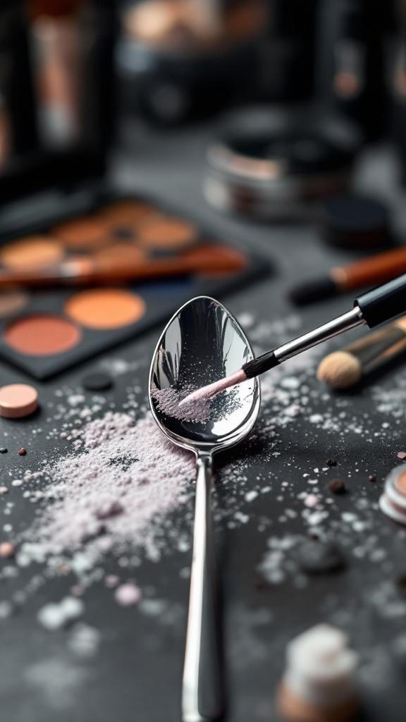 A spoon with pink powder on it, surrounded by various makeup products.