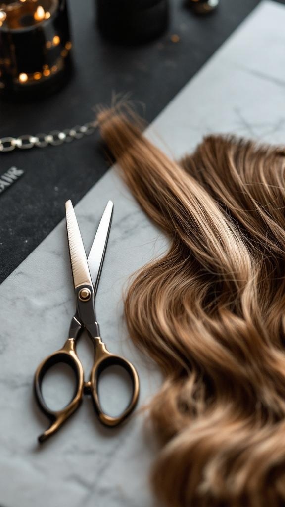A strand of hair and a pair of scissors on a white background