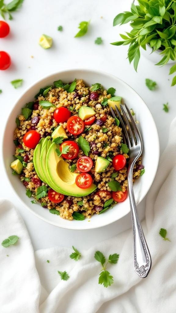 A bowl of quinoa salad with avocado slices and cherry tomatoes, garnished with fresh herbs.