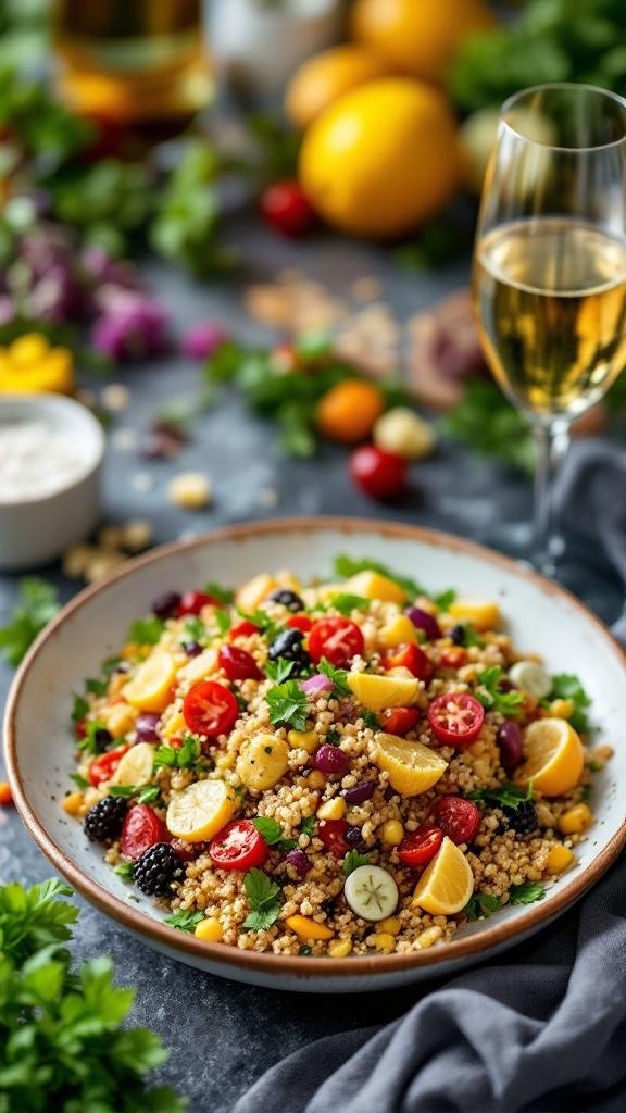 A vibrant quinoa salad with cherry tomatoes, citrus slices, and fresh herbs, paired with a glass of champagne.