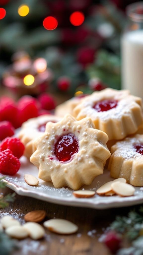 A plate of Raspberry Almond Shortbread Cookies with raspberry jam filling, surrounded by fresh raspberries and almond slices.