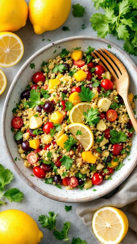 A vibrant vegan quinoa salad with cherry tomatoes, mango, and fresh herbs, surrounded by lemons.