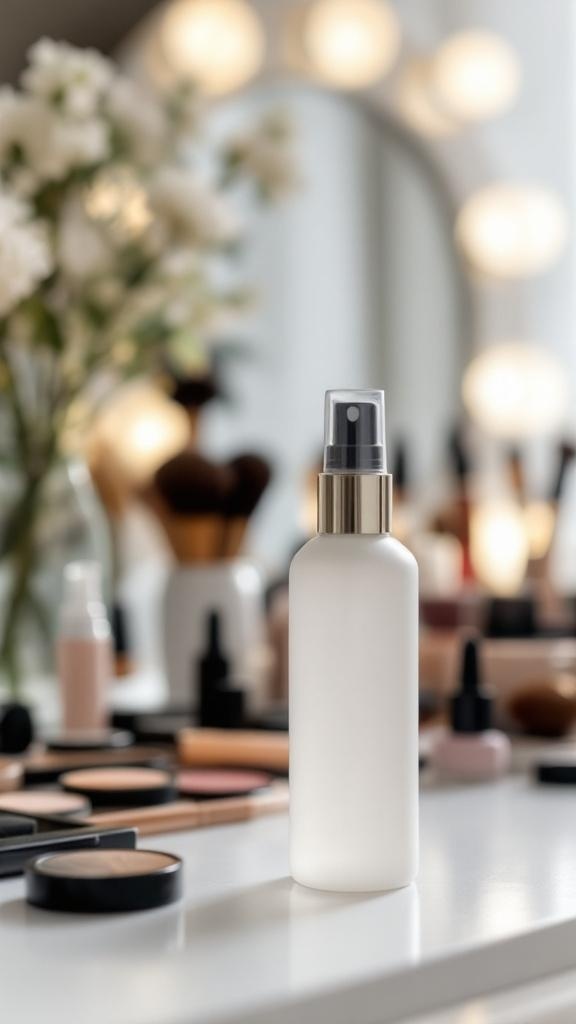 A sleek setting spray bottle on a vanity surrounded by various makeup products.