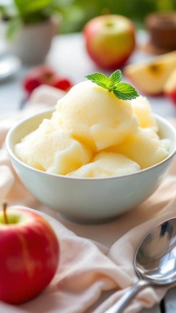 A bowl of apple sorbet topped with mint, surrounded by fresh apples.