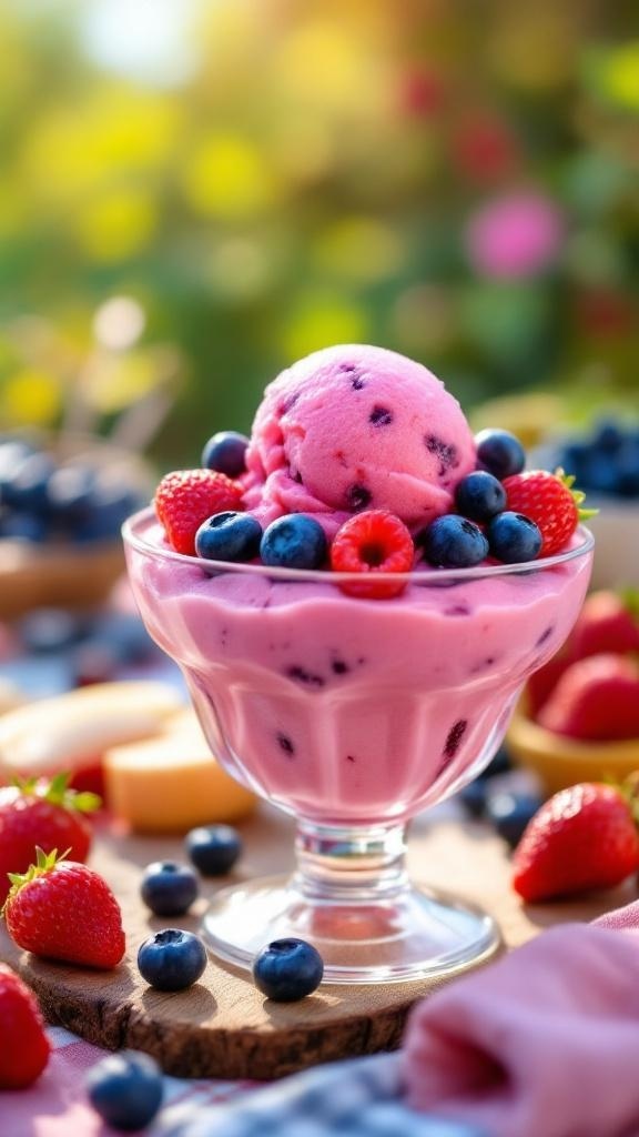 A bowl of berry banana sorbet topped with fresh berries, set in a vibrant outdoor setting.
