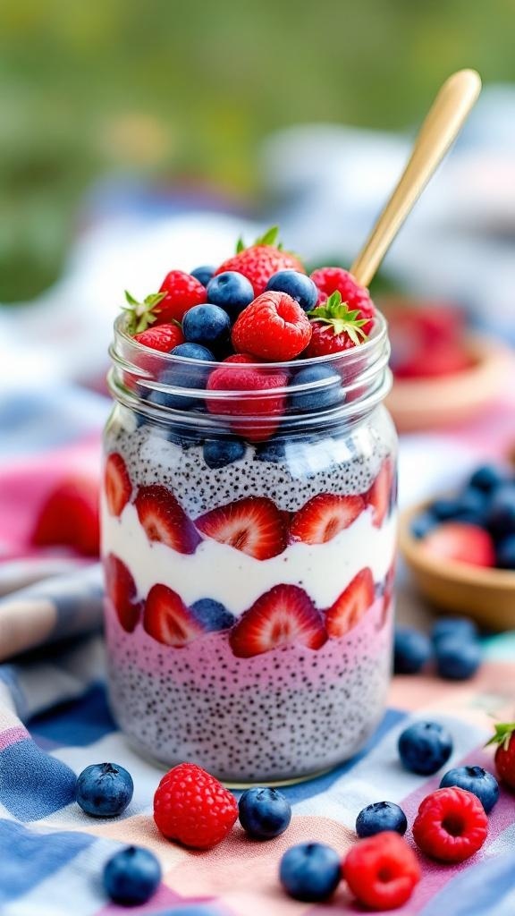A jar of berry chia pudding layered with strawberries, blueberries, and raspberries, topped with fresh berries and mint.
