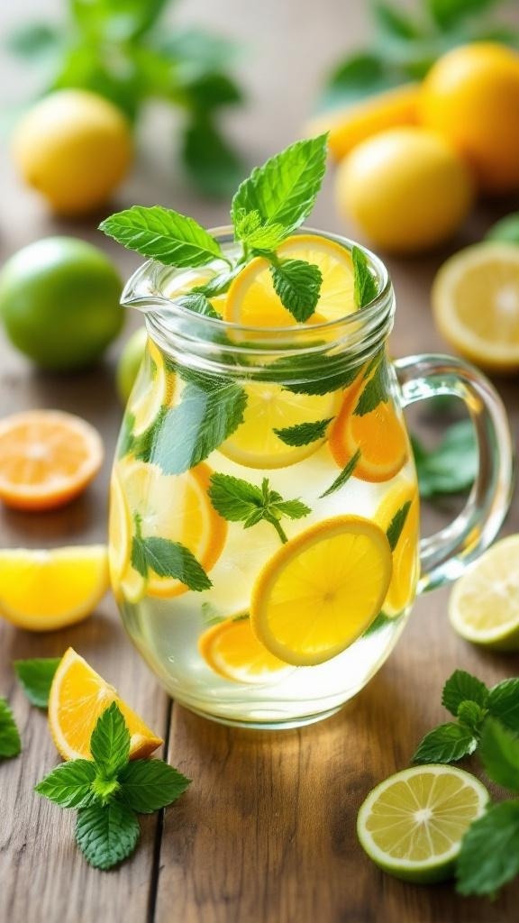 A pitcher of Citrus Burst Detox Water with lemon, lime, orange slices, and mint leaves.