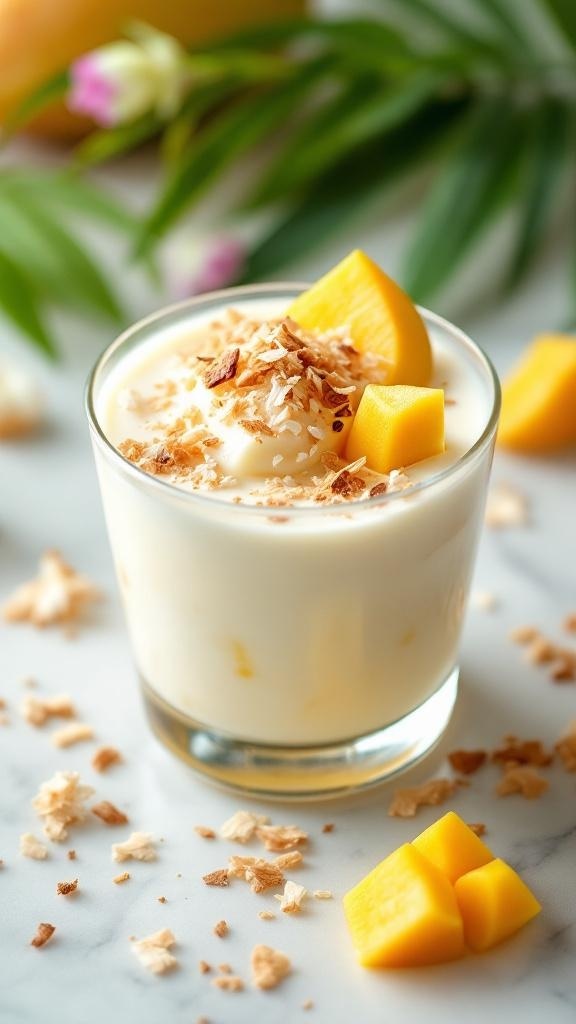 A glass of coconut panna cotta topped with mango and toasted coconut flakes.