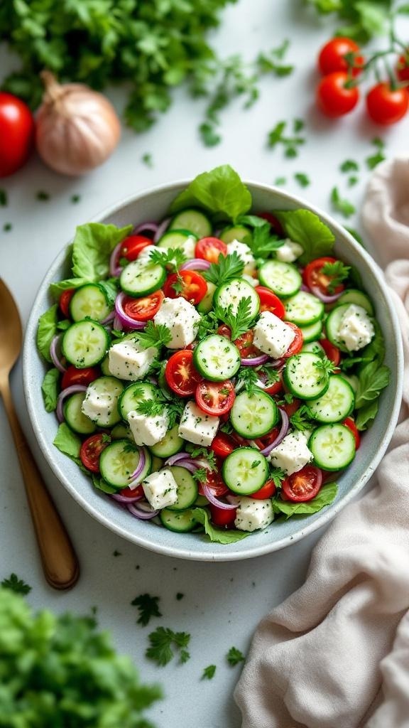 A vibrant cucumber and feta salad with cherry tomatoes, red onion, and fresh herbs in a bowl.