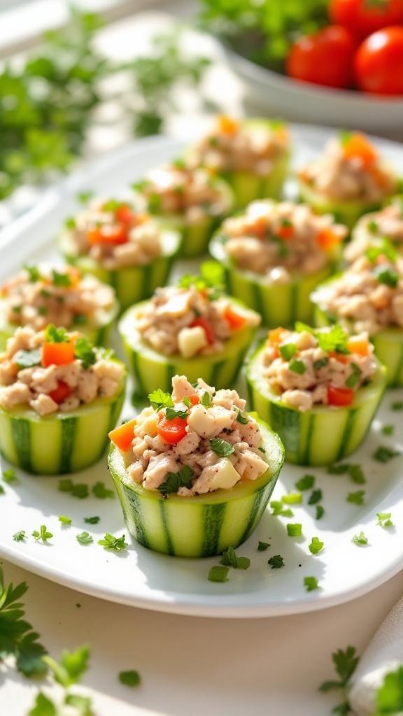 Cucumber cups filled with tuna salad, garnished with herbs and colorful vegetables.
