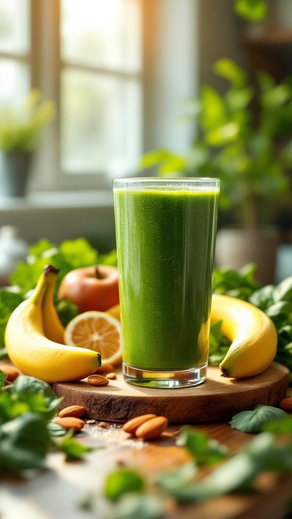 A refreshing green smoothie in a glass, surrounded by bananas, an apple, and leafy greens.