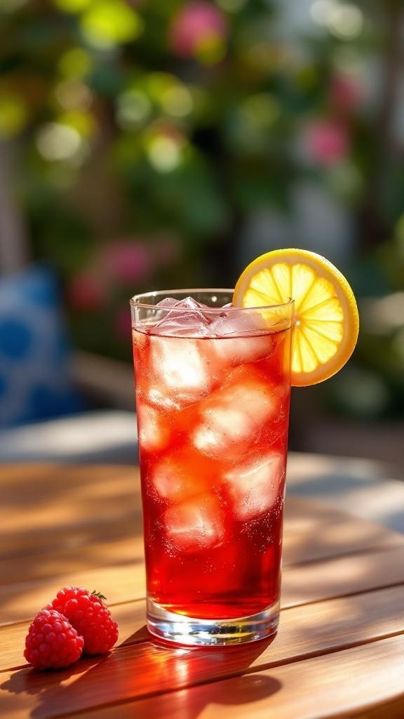 A glass of refreshing hibiscus iced tea with ice cubes, a lemon slice, and fresh raspberries on a wooden table.